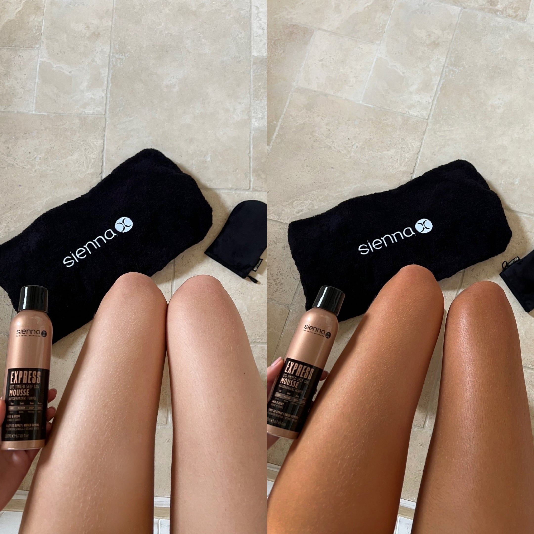 Before and After Sienna X Express Q10 Tinted Self Tan Mousse