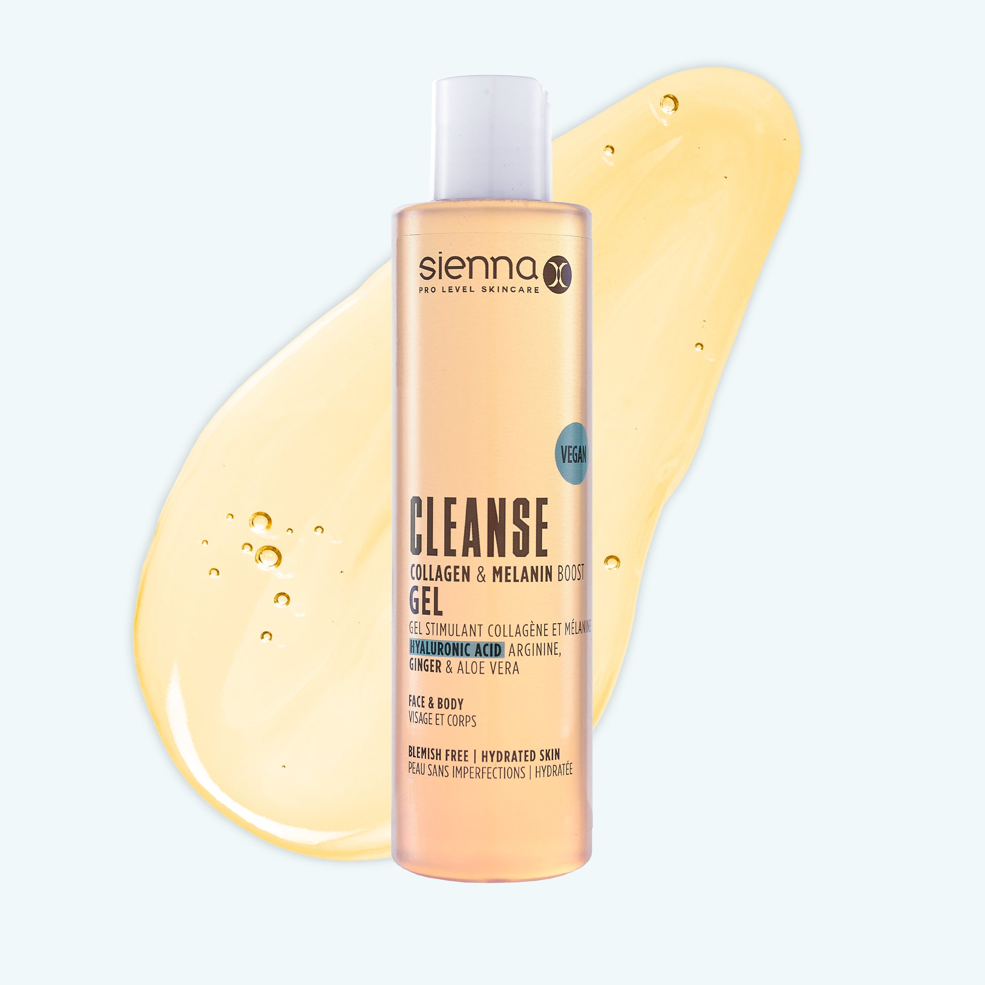 Cleanse Gel from Sienna X Promo Image with Gel Behind Bottle