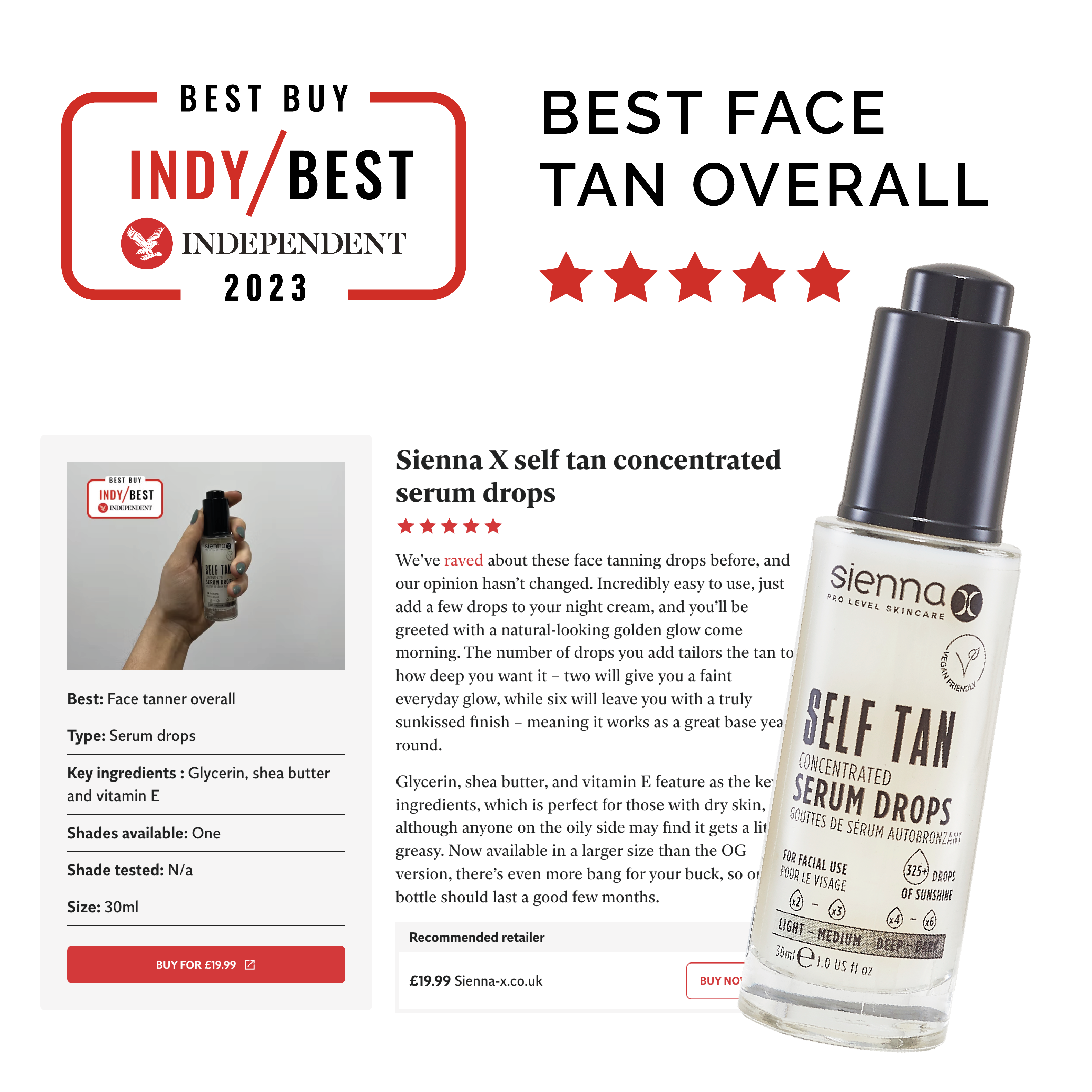 Self Tan Sienna X Serum Drops by Sienna X - Indiy/Best Indepedent 2023 Best Buy - Best Face Tan Overall - 5 Stars