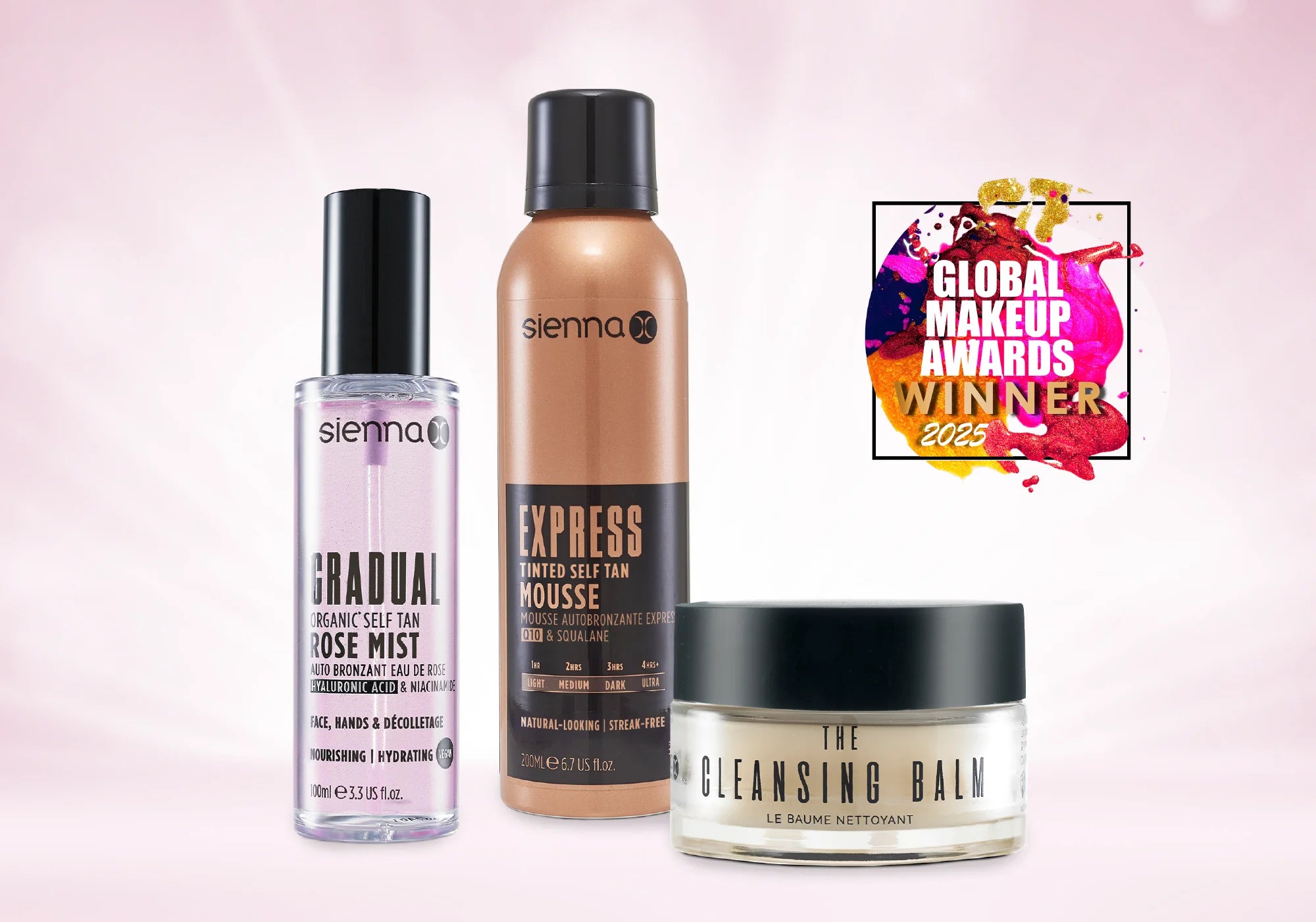 Sienna X Global Makeup Award Winners 2025 The Sienna X Gradual Organic* Rose Mist, the Express Tinted Self Tan Mousse and The Cleansing Balm
