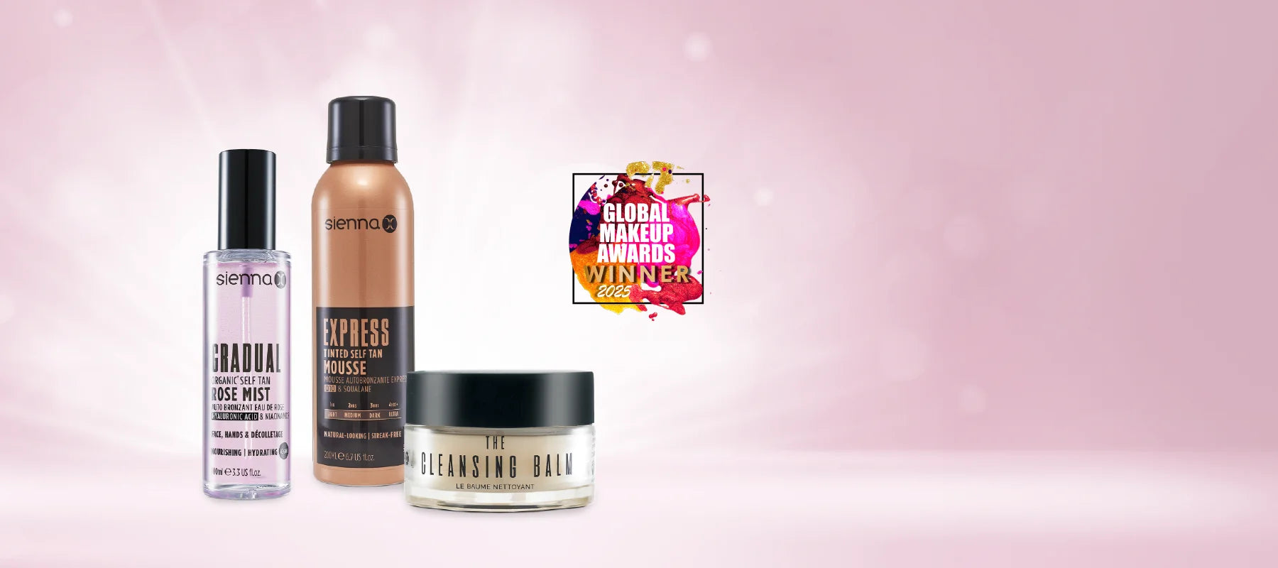 Sienna X Global Makeup Award Winners 2025 The Sienna X Gradual Organic* Rose Mist, the Express Tinted Self Tan Mousse and The Cleansing Balm